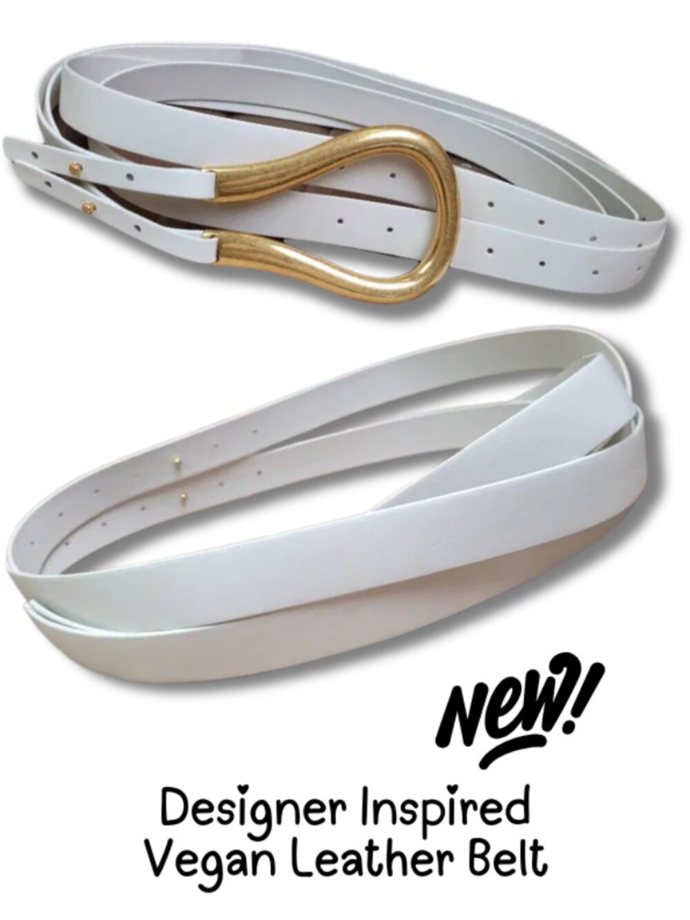 NEW White Vegan Leather Gold Buckle Boho Style Wrap Belt